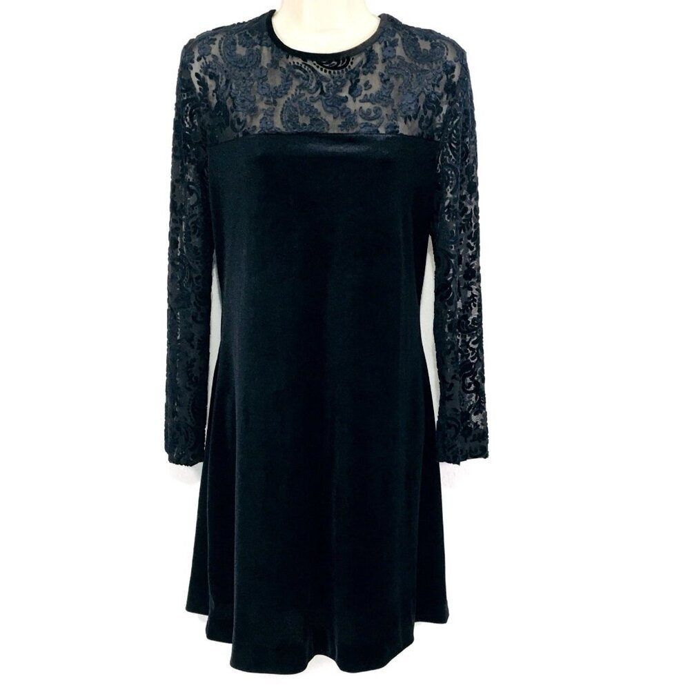 Vtg 90s David Warren DW3 Black Velvet Dress Sz 12 A-Line Burn Out Top WhimsyGoth